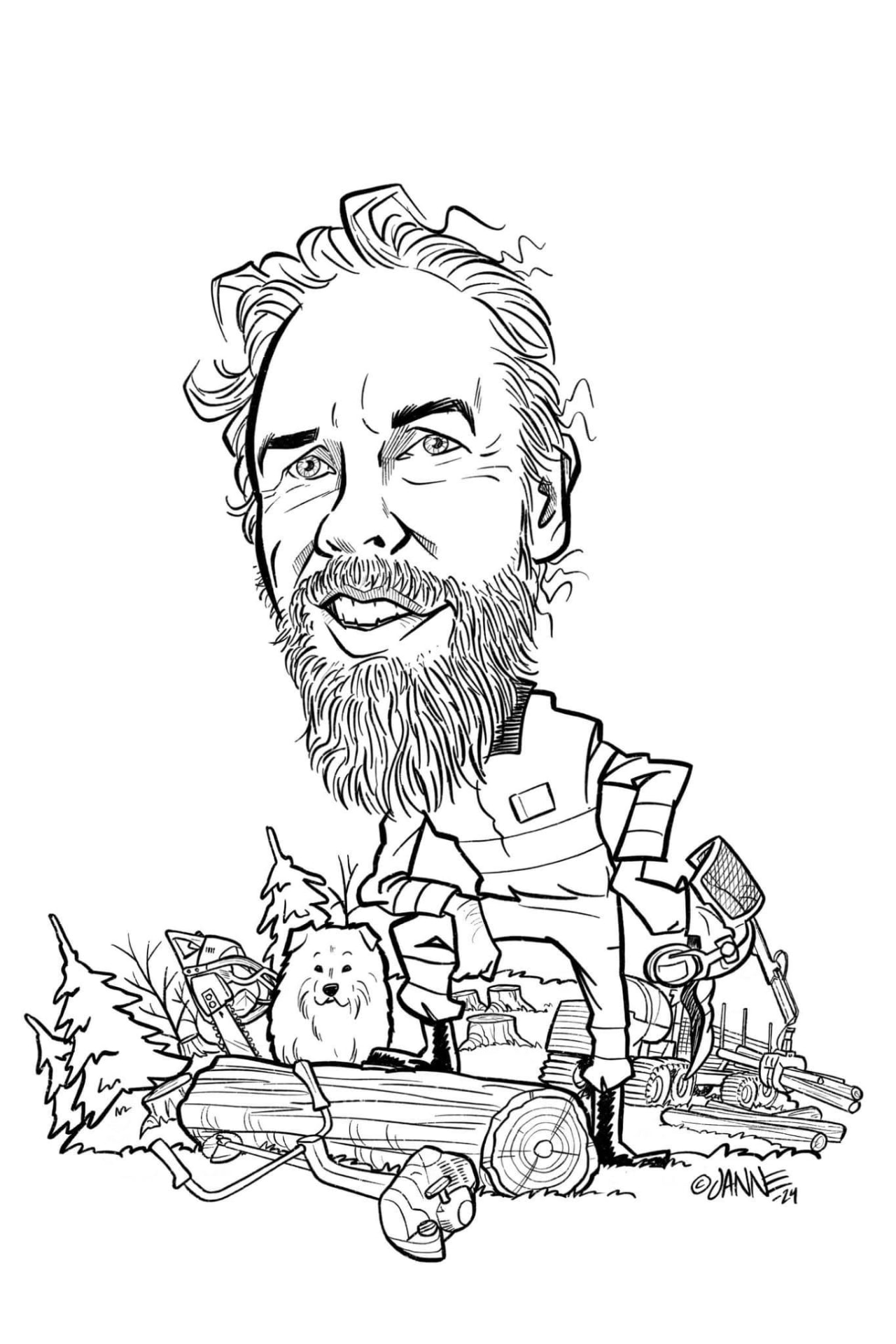 Käsin piirretty karikatyyri metsurista Arto Hakasalosta moottorisahan, koiran, puutavaran ja mönkijän metsävarustuksen ympäröimänä